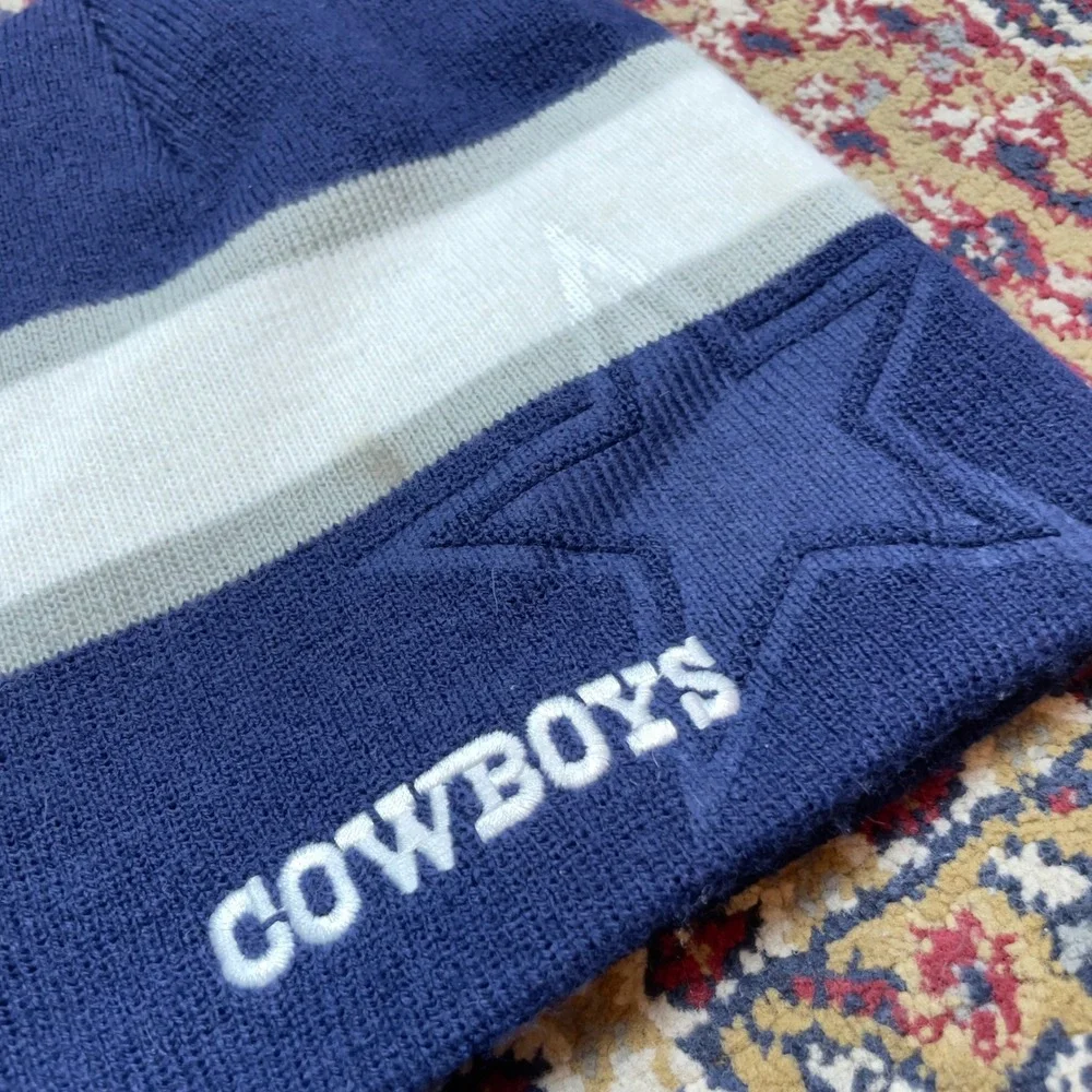 VTG 00s Dallas Cowboys Knit Striped Logo‎ Beanie Hat NFL Navy Blue White Gray